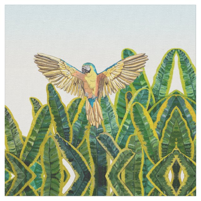 Tropisches Sommergelbes Papagei-Bird-Banana-Blätte Stoff (Nahaufnahme)