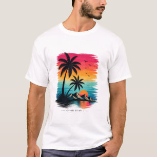 Tropisches Sonnenuntergangs-Strand-Palmen-Grafik-T T-Shirt