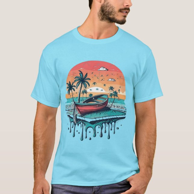 Tropisches Sonnenuntergangsboot T-Shirt (Vorderseite)