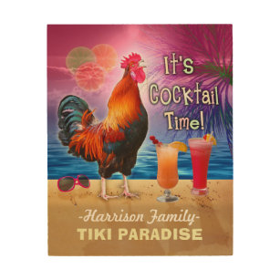 Tropisches Strand-Cocktail-Bar-lustiges Hahn-Huhn Holzdruck