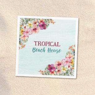 Tropisches Strandhaus Rosa Blumen Floral Botanisch Serviette