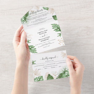 Tropisches Strandlaub & Gold Elegante Hochzeit All In One Einladung