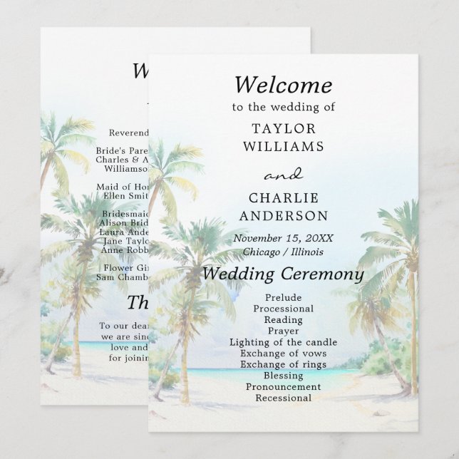 Tropisches Strandziel-Hochzeitsprogramm Programm (Vorne/Hinten)