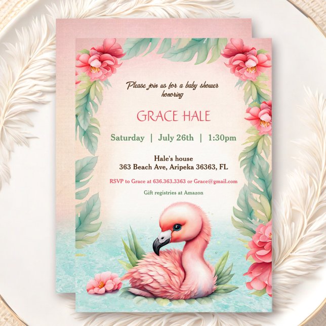 Tropisches Summer Pink Flamingo Baby Dusche Party Einladung (Tropical Summer Pink Flamingo Baby Shower Party Invitation)