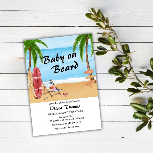 Tropisches Surfboard Baby an Bord Babydusche Einladung (Tropical Surfboard Baby On Board Baby Shower Invitation)