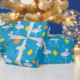 Tropisches Thema Flamingo Früchte auf blauem Hinte Geschenkpapier