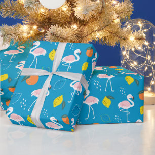 Tropisches Thema Flamingo Früchte auf blauem Hinte Geschenkpapier