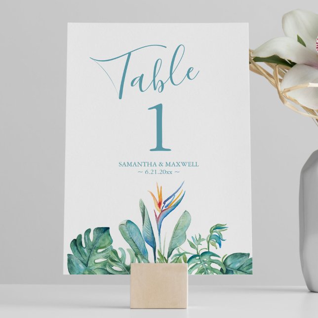 Tropisches Thema Hochzeitsdekoration Tischnummer (tropical theme wedding table number features watercolor floral & palm leaf by Victoria Grigaliunas)