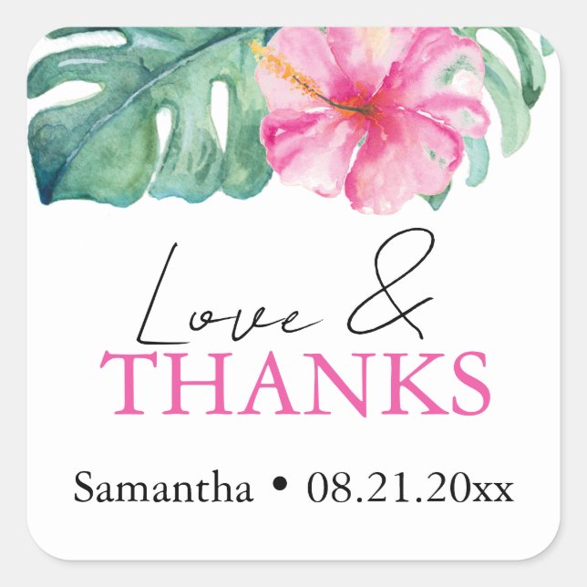Tropisches Thema Wasserfarbe Rosa Hibiskus Blume Quadratischer Aufkleber (Vorderseite)