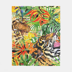 Tropisches Tiger-Watercolor-Dschungelmuster Fleecedecke