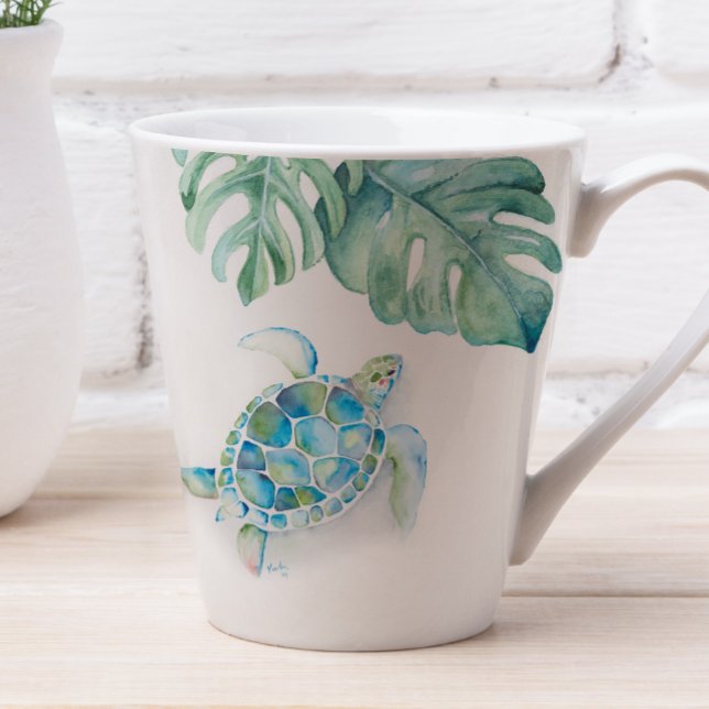 Tropisches Türkis Blaues Wasserfarbenmeer Schildkr Milchtasse (Sea turtle coffee mug watercolor art by Victoria Grigaliunas of Do Tell A Belle)