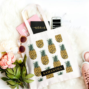 Tropisches Wasserfarben-Ananas-Muster mit Namen Tragetasche