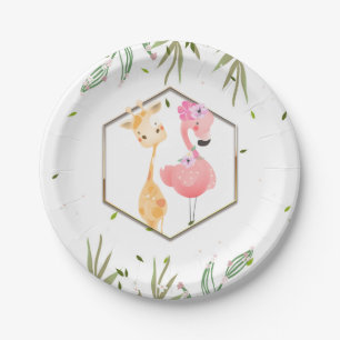 Tropisches Wasserfarben-Flamingo- & Giraffe-Baby-B Pappteller