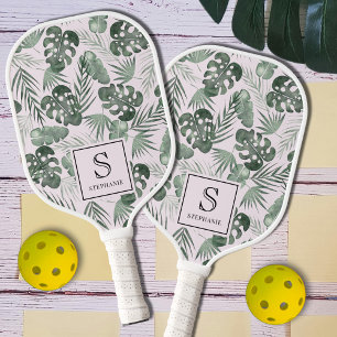 Tropisches Wasserfarben-Palmwedelmuster-Monogramm Pickleball Schläger