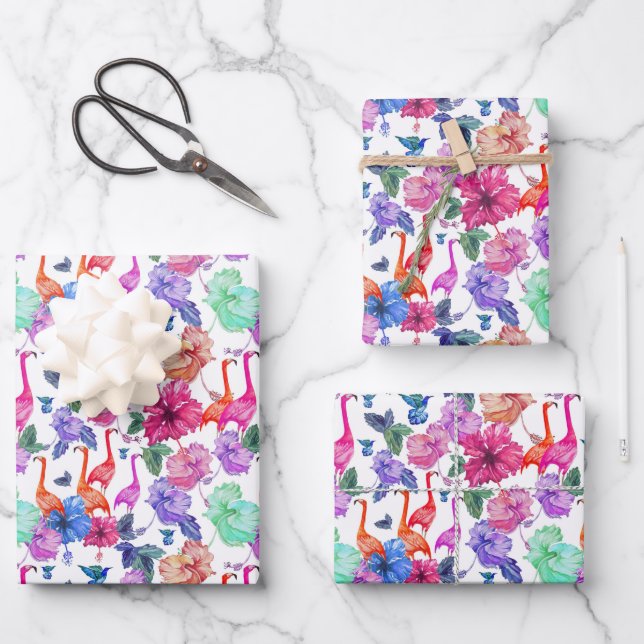 Tropisches Wasserfarbmuster Geschenkpapier Set (Vorderseite)