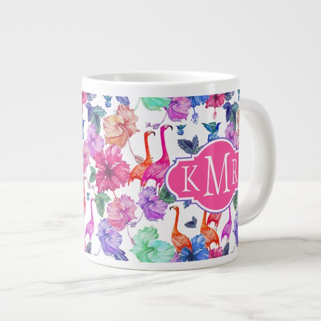 Tropisches Wasserfarbmuster| Monogramm Jumbo-Tasse (Vorderseite Rechts)