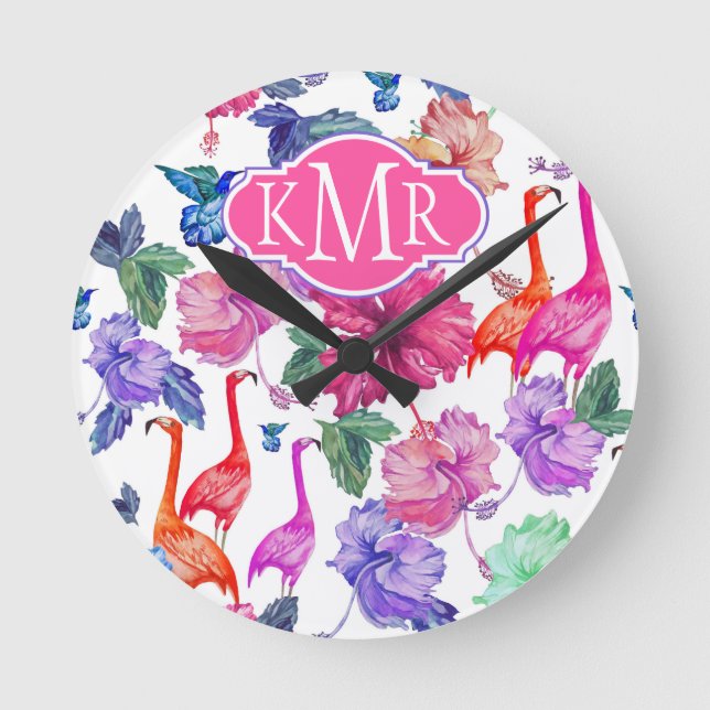 Tropisches Wasserfarbmuster | Monogramm Runde Wanduhr (Vorderseite)