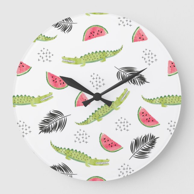 Tropisches Wassermelone-u. Krokodil-Muster Große Wanduhr (Vorderseite)