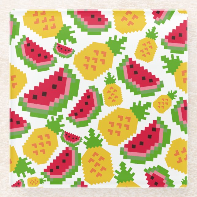 Tropisches Wassermelonen- und Ananas-Pixelmuster Glasuntersetzer (Vorderseite)