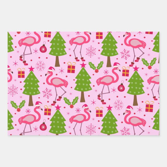 Tropisches Weihnachtsfest Flamingo mit Pine Tree a Geschenkpapier Set (Vorderseite)