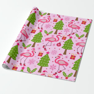 Tropisches Weihnachtsflamingo mit Kiefer auf Rosa Geschenkpapier