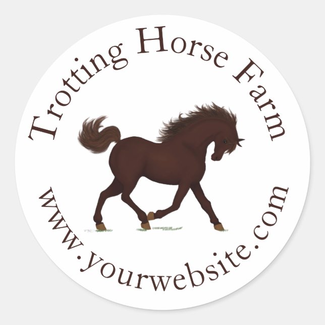 Trotting Brown Horse Circular Text Reittier Runder Aufkleber (Vorderseite)