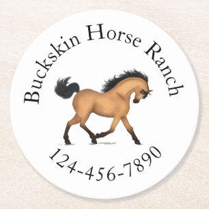 Trotting Buckskin Horse Circular Text Reittier Runder Pappuntersetzer