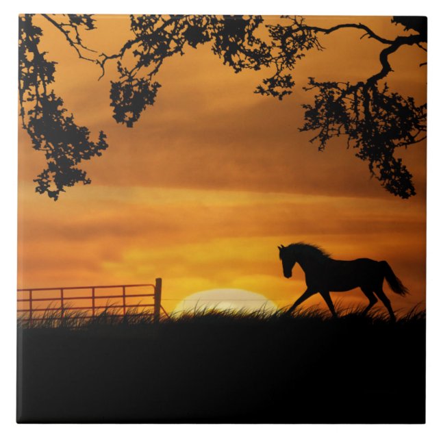 Trotting Hors und Sunrise Art Tile Fliese (Vorderseite)