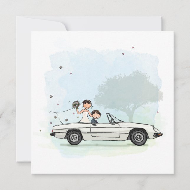 Trouwkaart bruidspaar in vintage Alfa Romeo Spider (Vorderseite)