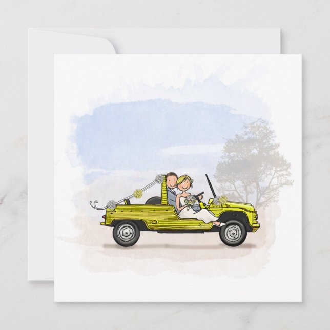 Trouwkaart bruidspaar in vintage Citroen Mehari (Vorderseite)