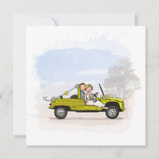 Trouwkaart bruidspaar in vintage Citroen Mehari