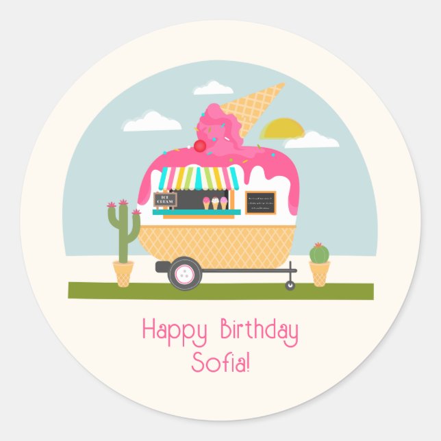 Truck Camper Girls Rosa Geburtstag Runder Aufkleber (Vorderseite)