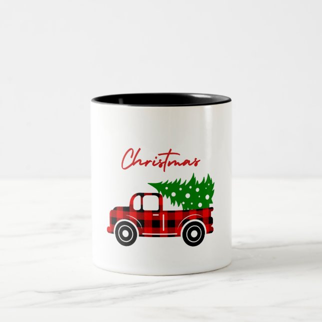 Truck Christmas, mockups Red Black Green Zweifarbige Tasse (Mittel)