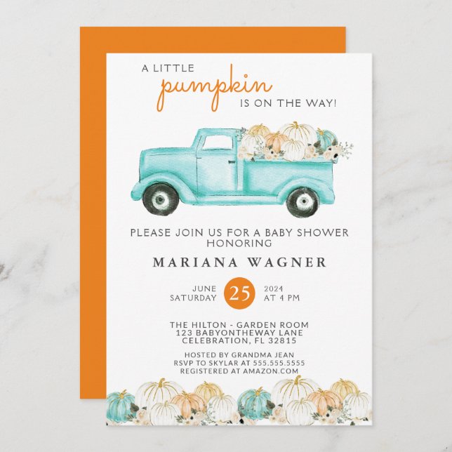 Truck Little Pumpkin Gender Neutral Baby Dusche Einladung (Vorne/Hinten)