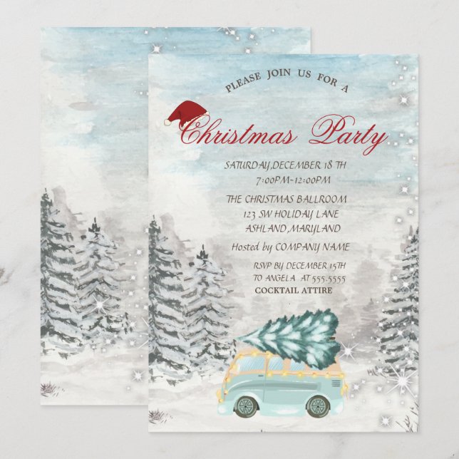 Truck Pine Tree Forest Weihnachtsfest Party Einladung (Vorne/Hinten)