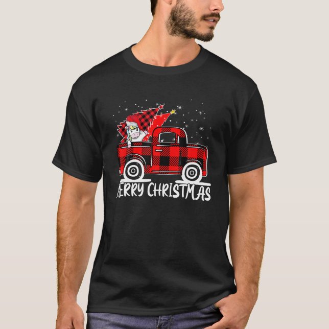 Truck Tree Unicorn Buffalo Kariertes Weihnachtsfes T-Shirt (Vorderseite)