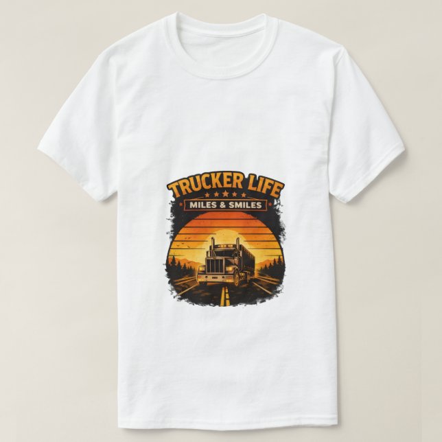 Trucker Life Miles And Smiles Retro Sunset Tee (Design vorne)