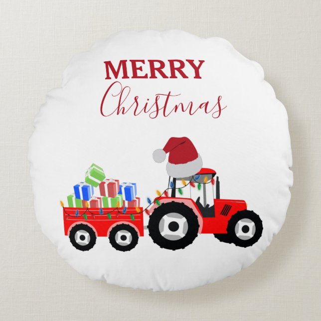 Truckfarm Red Christmas Tractor Rundes Kissen (Vorderseite)