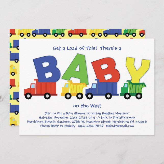 Trucks Baby Shower Dump Truck Boy Einladung (Vorne/Hinten)