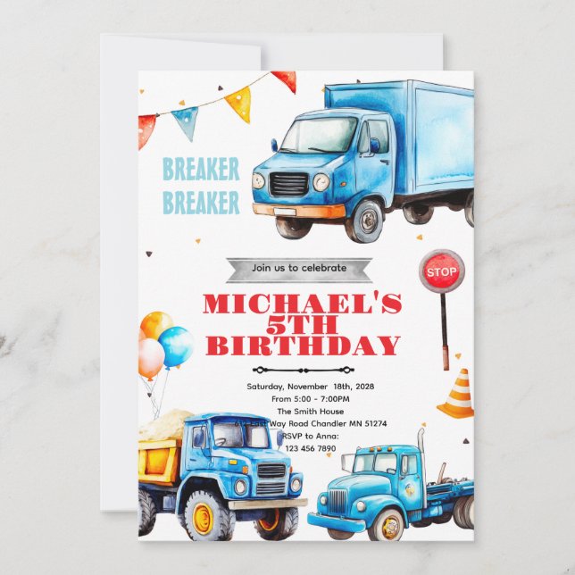 Trucks birthday party theme invitation einladung (Vorderseite)