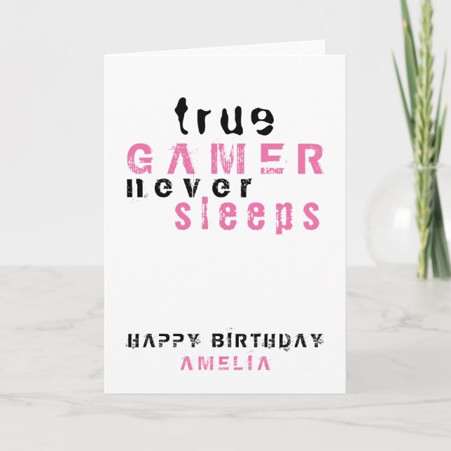 True Gamer Pink Typografy Gamer Girl Birthday Karte (Vorderseite)