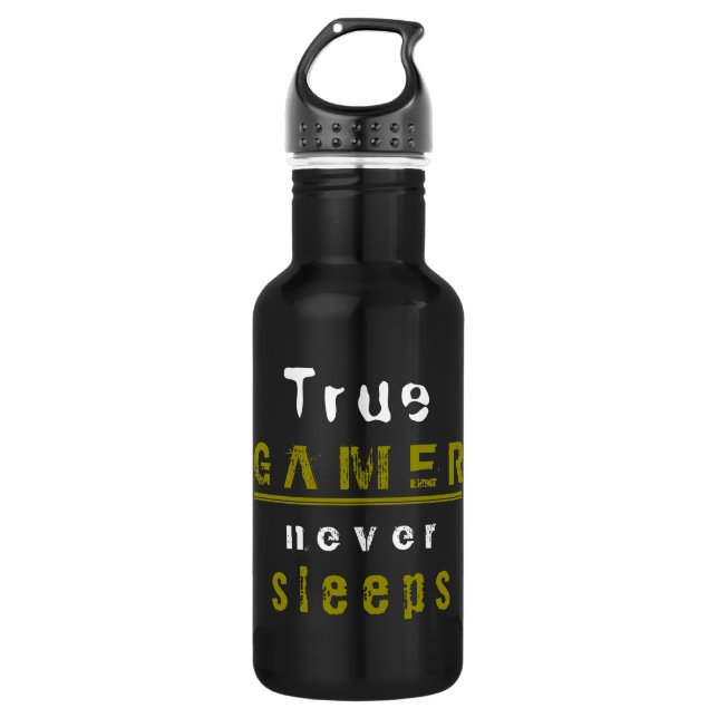 True Gamer schläft niemals Typografie Black Gamer Edelstahlflasche (Vorderseite)
