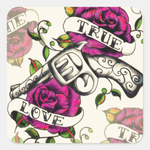 True Love Old School Pistole Tattoo Kunst. Quadratischer Aufkleber