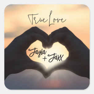 True Love Sonnenuntergang Dein Herz in meiner Hand Quadratischer Aufkleber