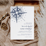 True North Wedding Invitation Einladung<br><div class="desc">Coastal chic wedding invitation features a vintage style hand drawn compass illustration at the upper left in faded harbor blue,  with your wedding details in classic navy blue. Perfect for beach,  summer,  or nautical weddings,  these coastal style wedding invitations reverse to wide blue and white stripes.</div>