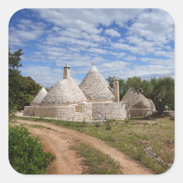 Trulli-Häuser in Apulien Quadratischer Aufkleber (Vorderseite)