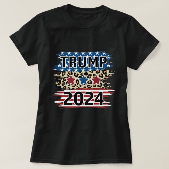 Trump 2024 Fan American Flag Cheetah Pattern T-Shirt (Design vorne)