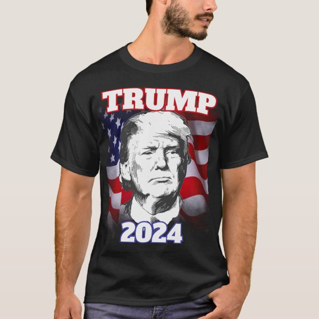 Trump 2024 mit amerikanischem Hintergrund T-Shirt (Vorderseite)
