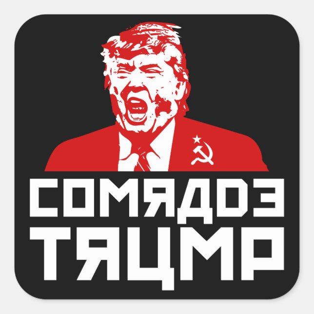 Trump Button: "COMRADE TRUMP" (schwarz) Quadratischer Aufkleber (Vorderseite)