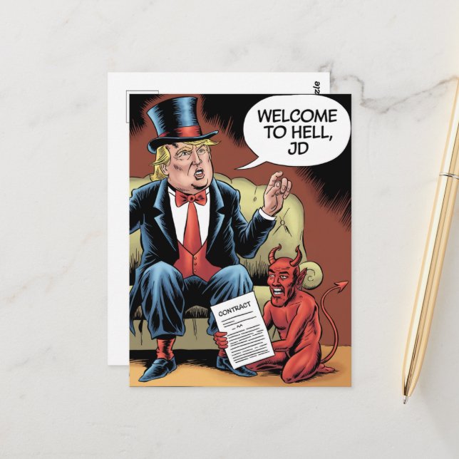 Trump Cartoon Willkommen bei Hell JD Postkarte (Vorderseite/Rückseite Beispiel)